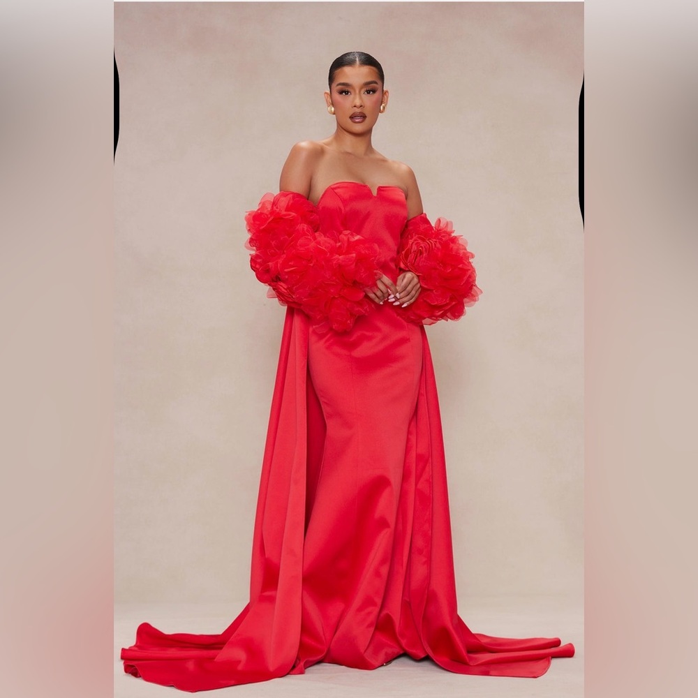 Red Strapless Evening Gown with Dramatic Puff Sleeves